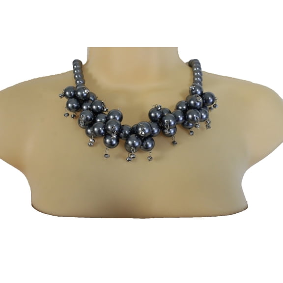 Women Silver Metal Chains Short Bib Necklace Jewelry Blue Imitation Pearl Beads