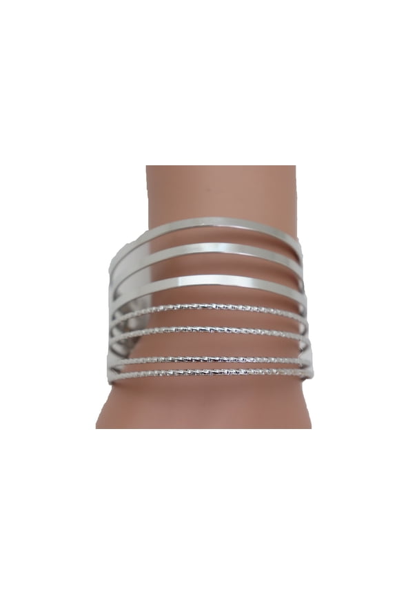 Women Silver Metal Cuff Bracelet Wedding Jewelry Bridal Look Fashion Stripes Fan