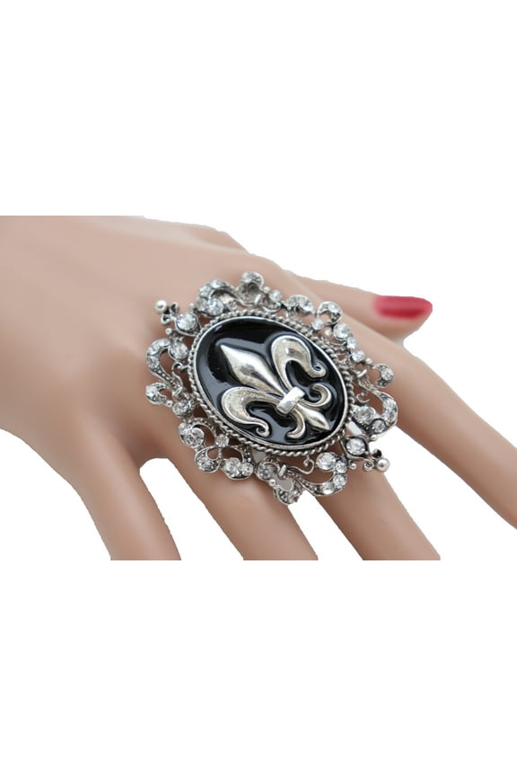 Women Silver Metal Fashion Ring Filigree Fleur De Lys French Style Flower Lily