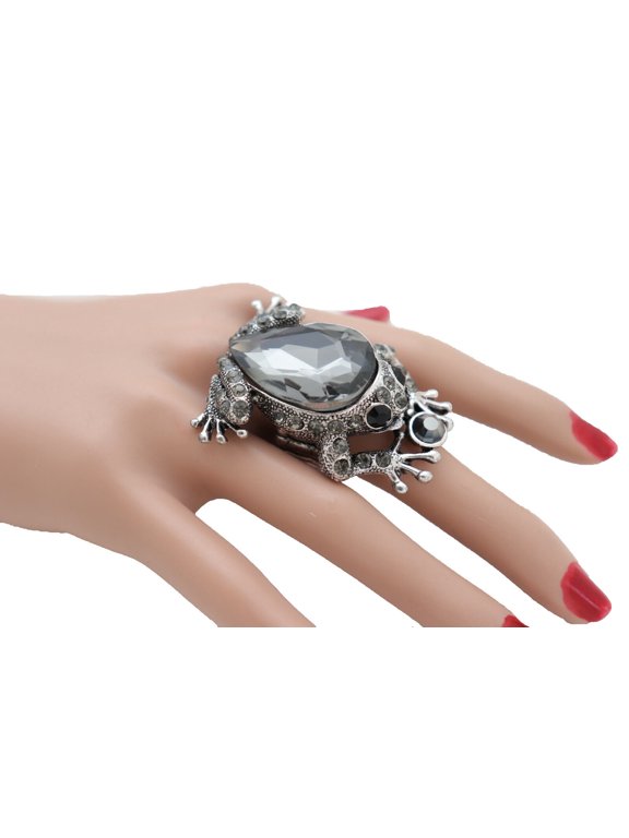 Women Silver Metal Fun Frog Ring Fashion Jewelry Elastic Band Gloosy Shiny Style