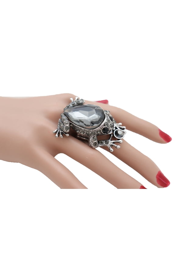 Women Silver Metal Fun Frog Ring Fashion Jewelry Elastic Band Gloosy Shiny Style
