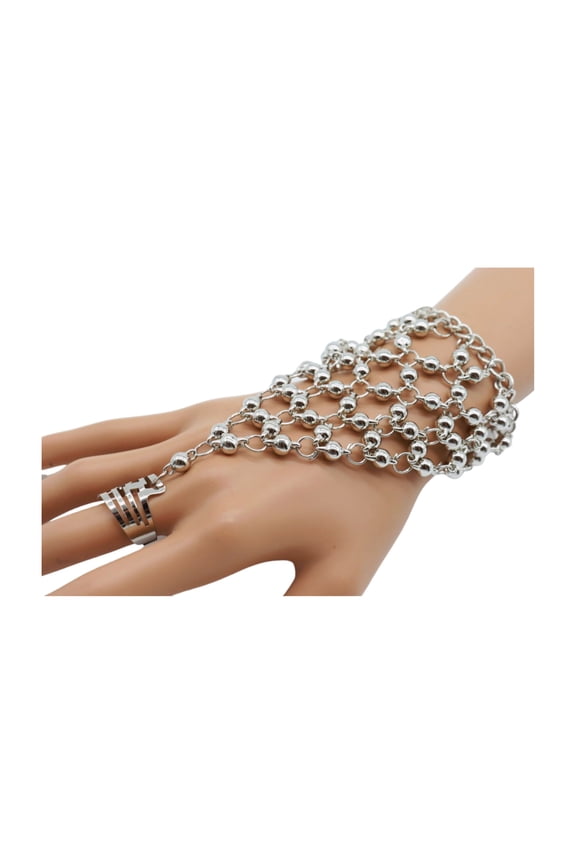 Women Silver Metal Hand Chain Bracelet Ball Ring Connected One Size Fits All