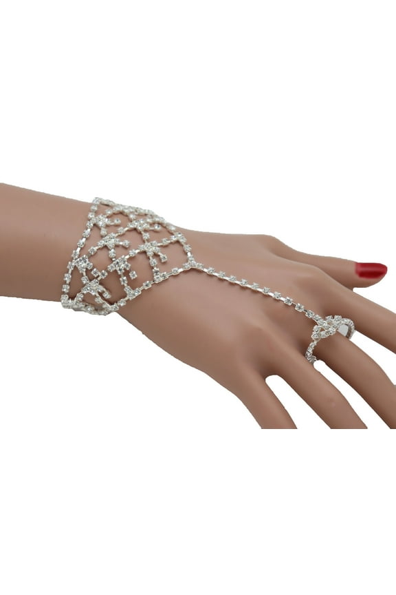 Women Silver Metal Hand Chain Bracelet Fashion Jewelry Ring Formal Evening Wear