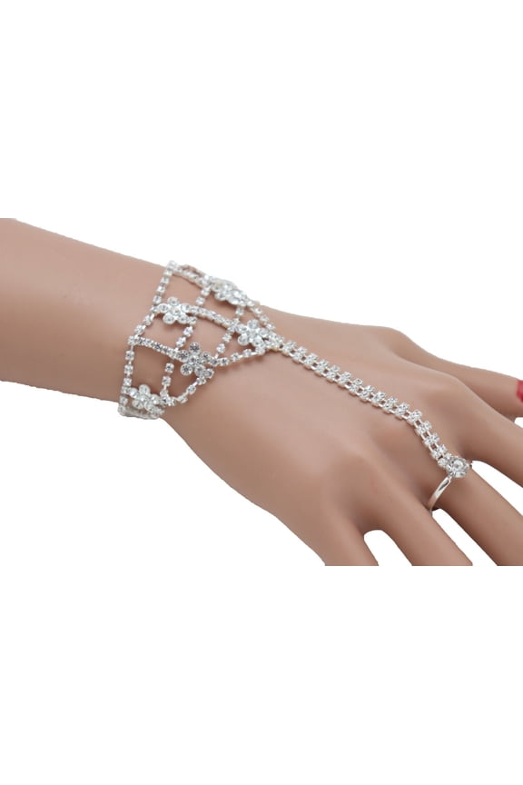 Women Silver Metal Hand Chain Bracelet Flower Charm Elastic Ring Jewelry