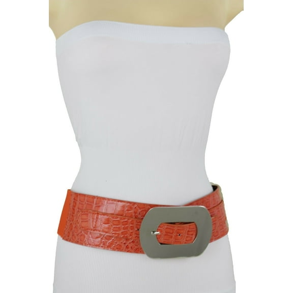 Women Silver Metal Oval Buckle Wide Elastic Belt High Waist Hip Orange XS S