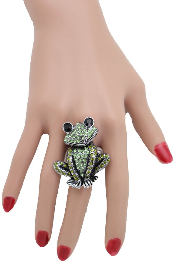 Women Silver Metal Ring Fashion Flamboyant Jewelry Green Color Bling Frog Animal