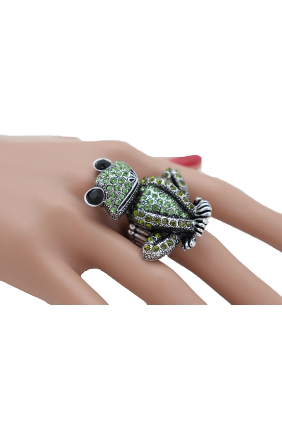 Women Silver Metal Ring Fashion Jewelry Elastic Band Green Frog Animal Luxurious