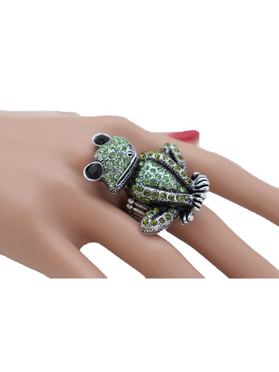 Women Silver Metal Ring Fashion Jewelry Elastic Band Green Frog Animal Luxurious