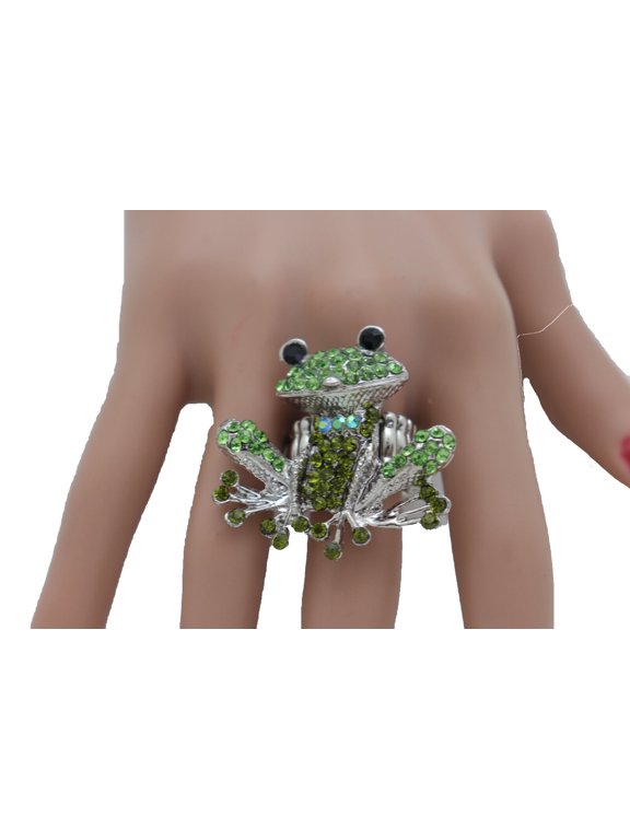 Women Silver Metal Ring Fashion Jewelry Elastic Band Green Frog Good Looking