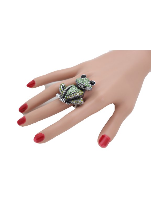 Women Silver Metal Ring Fashion Jewelry Elastic Band Green Frog