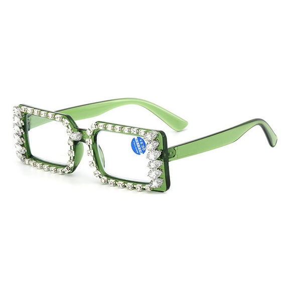 Women Silver Rhinestone Green Reading Glasses 2.50 Ladies Square Anti-Blue Light Readers +2.50 strength