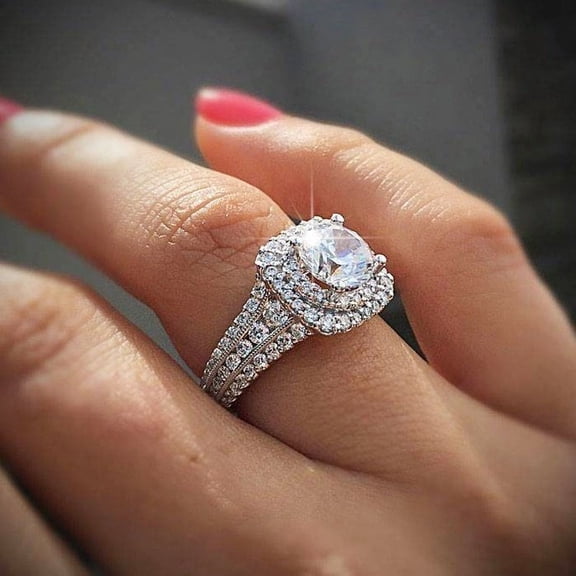 Women Silver Round Shiny Full Diamond Natural Gemstone Wedding Band Rings