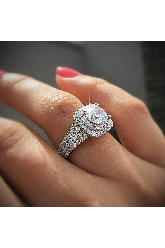 Women Silver Round Shiny Full Diamond Natural Gemstone Wedding Band Rings