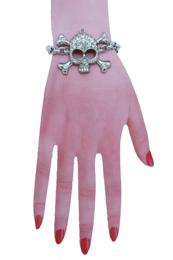 Women Silver Skull Charm Pirate Bracelet Metal Chain Rocker Fashion Jewelry