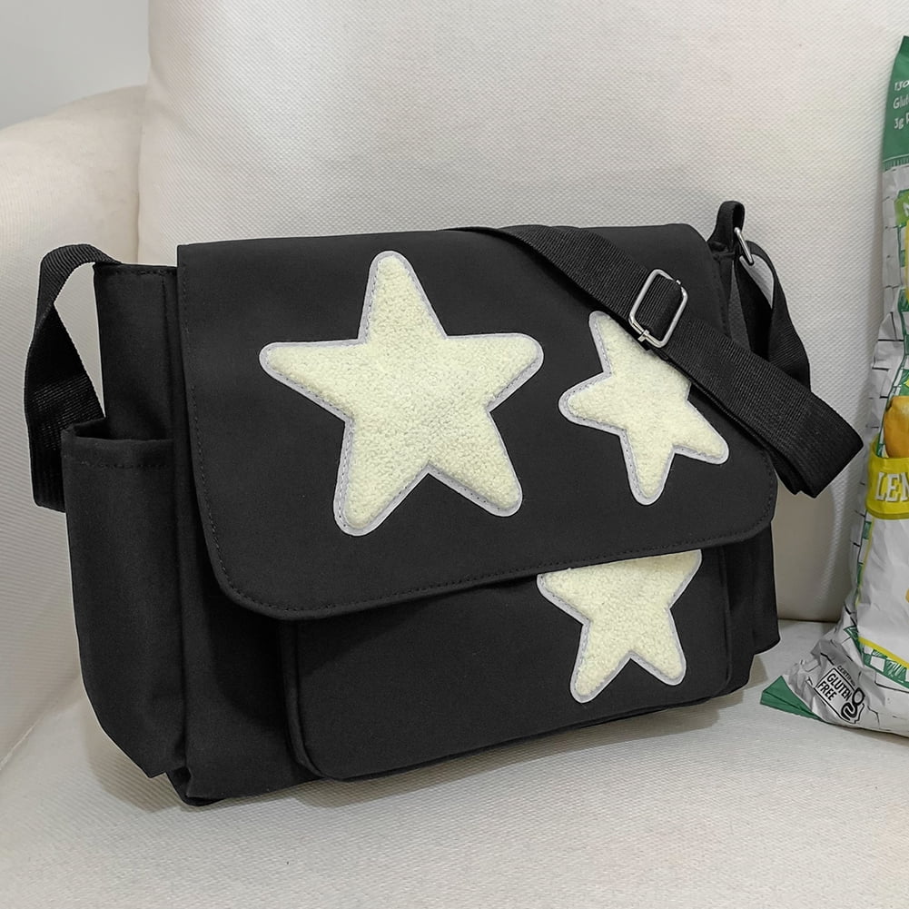 Women Simple Crossbody Bag with Side Pockets Y2K Star Messenger Bag Cute Hobo Bag Large Capacity for Outdoor Travel