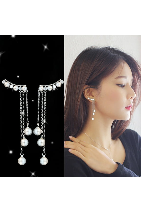 Women Simulated Pearl Ear Drop Dangle Earrings, 3 Chains Tassel Earrings Bridal Elegant Long Dangle Hook Eardrops