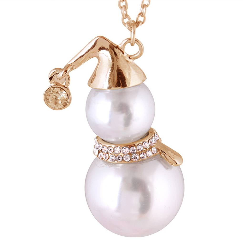 ARMELLE Women Simulated Pearl Snowman Pendant Long Necklace Rhinestone Christmas Jewelry Gift Sweater Chain