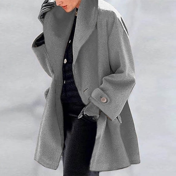 Women Single Breasted Hooded Jacket Casual Shawl Collar Jacket Pea Coats Loose Trench Coats Long Overcoat Gray XL