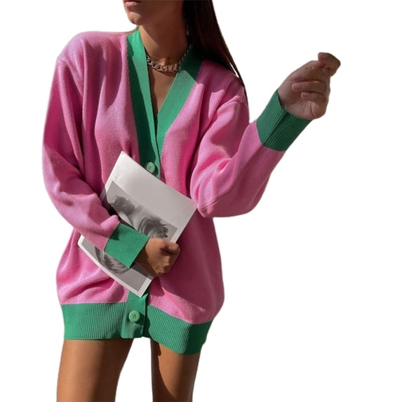 Women Single-Breasted Sweater Cardigan Harajuku Contrast Color Stitching Long Sleeve Knit Coat Oversized Loose for Jacke