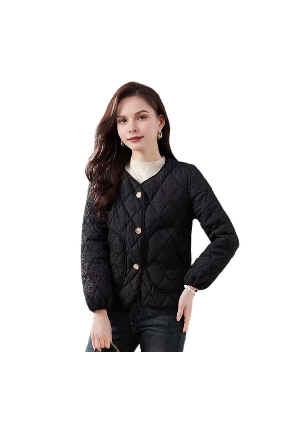 Women Single-breasted Jacket Solid Color Rhombus Checkered Coat Autumn Winter Loose Imitation Silk Cotton Padded Jacket for Everyday Wear