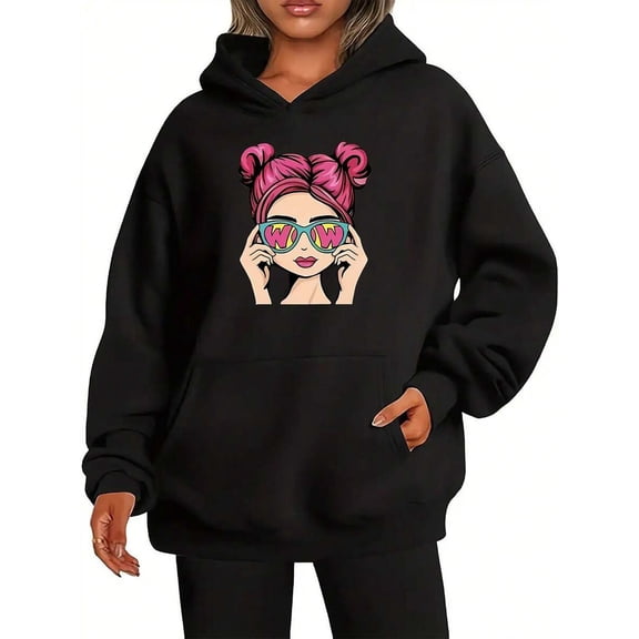 Women Size  Women Cartoon Graphic Hoodie Long Sleeve Crew Neck Sweatshirt With Pocket Casual Pullover Fall Winter Versatile Fashion    Women Size S-3XL