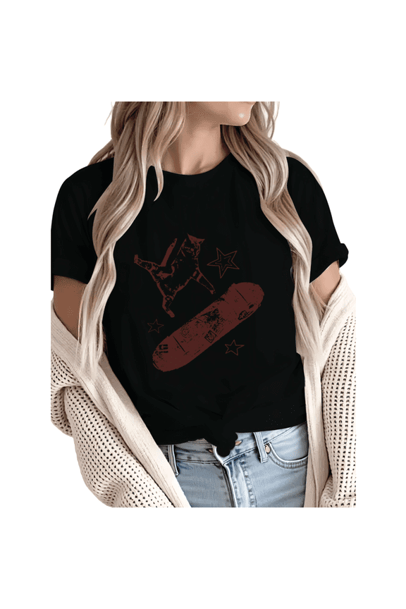 Women Skateboarding Cat Star Graphic Fun Tees Tops Round Neck Cotton T-Shirt Black S-5XL