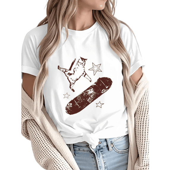Women Skateboarding Cat Star Graphic Fun Tees Tops Round Neck Cotton T-Shirt White S-5XL