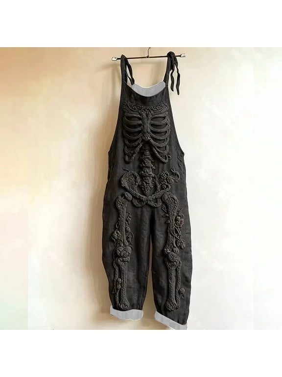 Women Skeleton 3D Knit Overalls Halloween Skull Rose Floral Jumpsuit