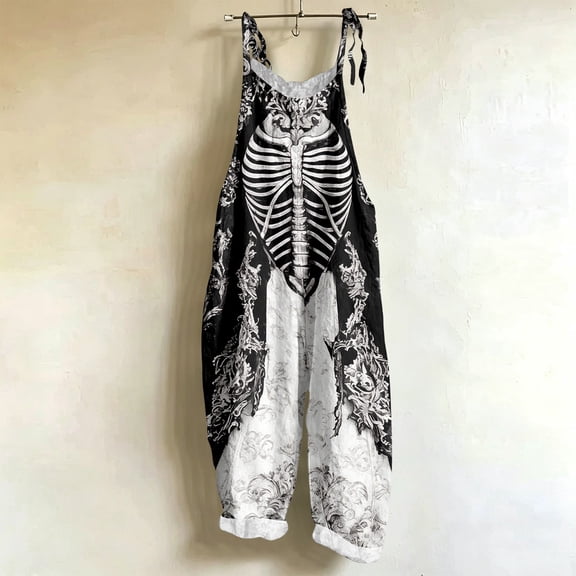 Women Skeleton 3D Knit Overalls Halloween Skull Rose Floral Jumpsuit Costume