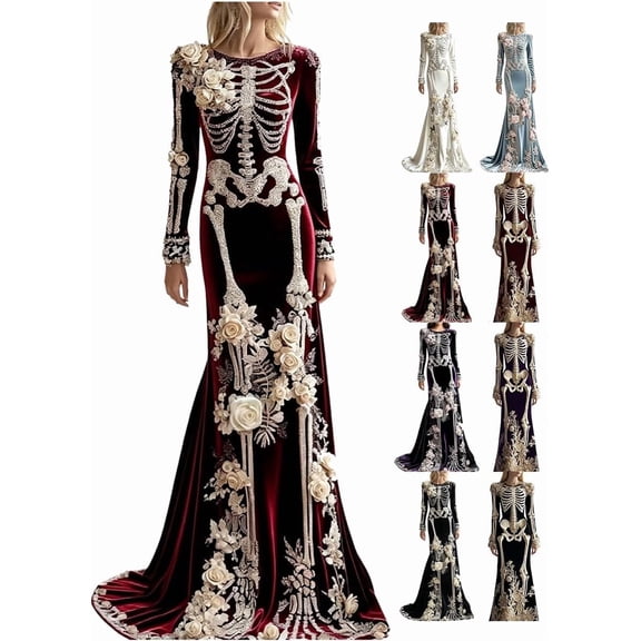 Women Skeleton Dress 3D Print Velvet Floral Long Sleeve Halloween Costumes, Skeleton Costume for Women Cosplay Party