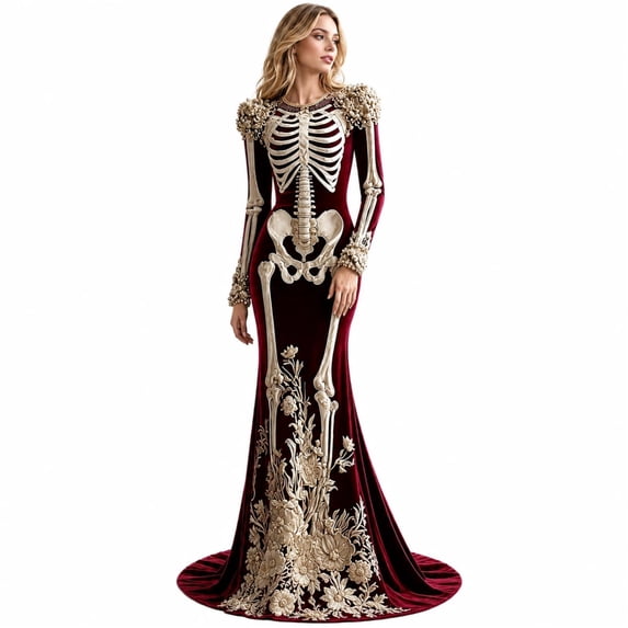Women Skeleton Dress Long Sleeve Gothic, 3D Print Maxi Dress Costume Cosplay Spooky Chic Evening Gown for Halloween Party Apparel