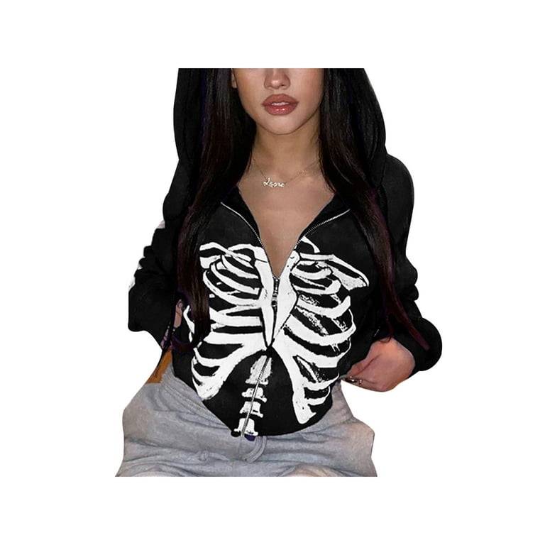 Women Skeleton Print Zip Up Relaxed Hoodie Jacket Rhinestone Skull Long Sleeve Cardigan Sweatshirt with Pocket