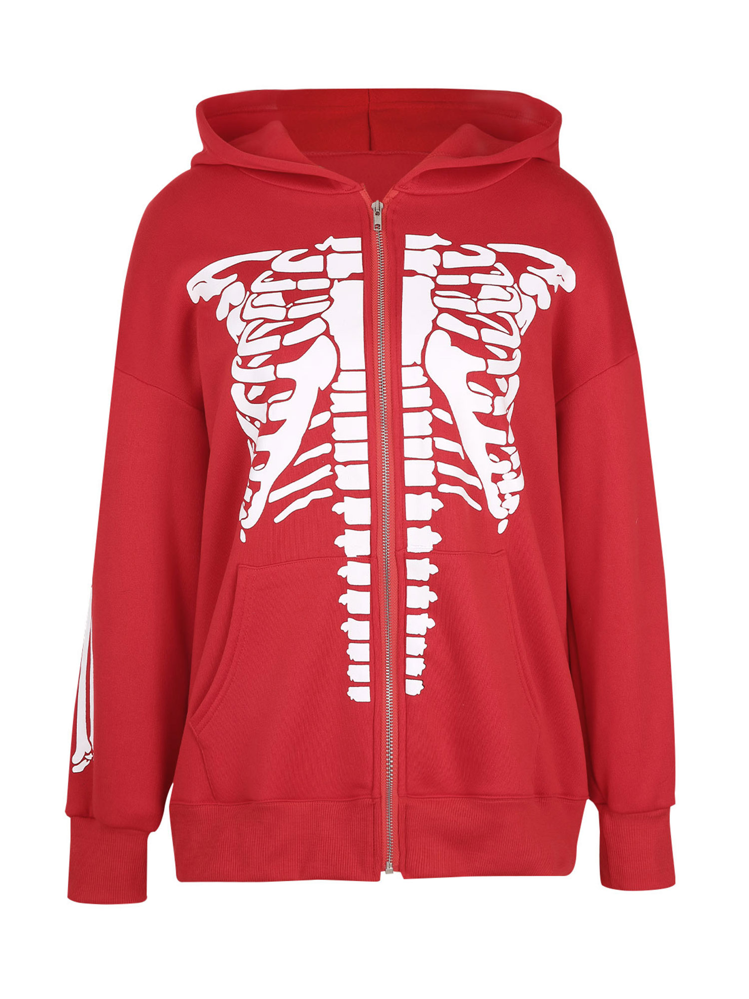 Women Skeleton Printed Hooded Jacket, Zipper Open Front Long