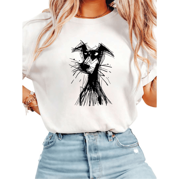 Women Sketch Dog Graphic Tees T-Shirt Tops Round Neck Printed Cotton T-Shirt White S-5XL