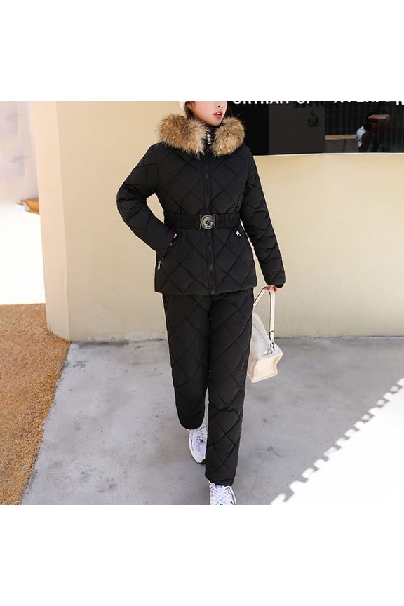 Women Ski Pants Waterproof Womens Winter Ski Suit, Two Piece Outdoor Warm Quilted Windproof Snowsuit Fuzzy Hooded Jackets with High Waisted Snowpants Black XL
