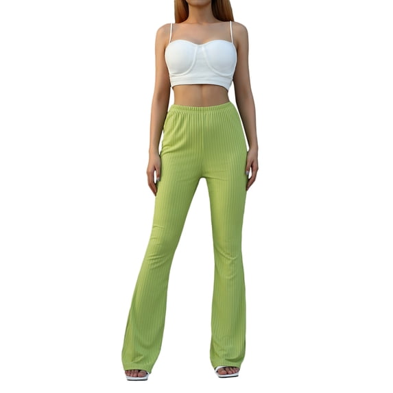Women Skinny Flared Pants High Waist Ribbed Workout Yoga Legging Stretch Bell Bottoms Streetwear