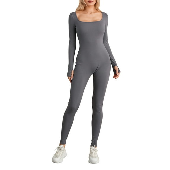 Women Skinny One-Piece Clothes Solid Color Square Neck Long Sleeve Jumpsuits