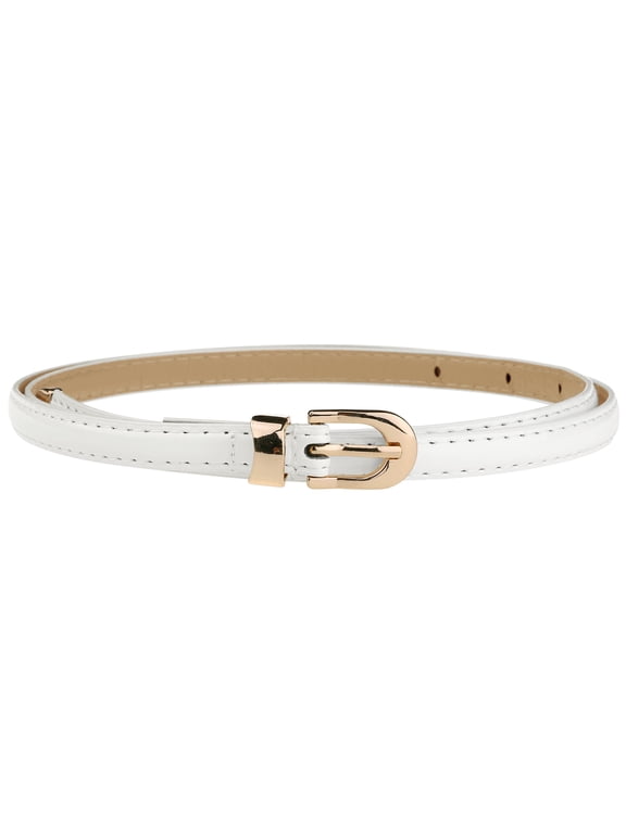 Women's Halloween Skinny PU Leather Belt, Thin Waist Belts with Gold Metal Buckle White