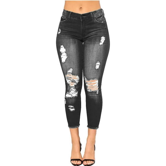 Women Skinny Ripped Jeans Stretch Distressed Destroyed Denim Pants