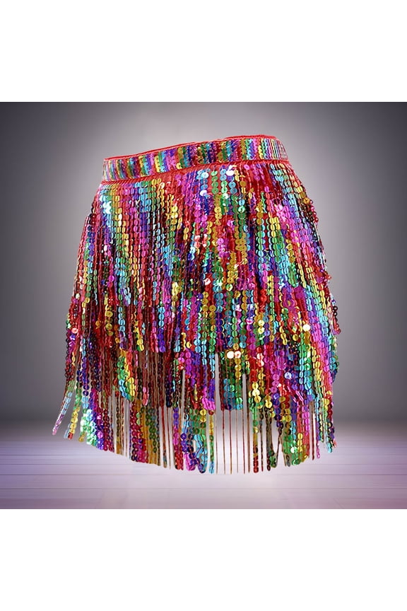 Women Skirt Carnival Clothes For Performance Clothing Colorful Fringed Waist Towel Belly Dance Sequinsed Fringed Hip Towel Performance Clothing Dance Skirt. Red One Size