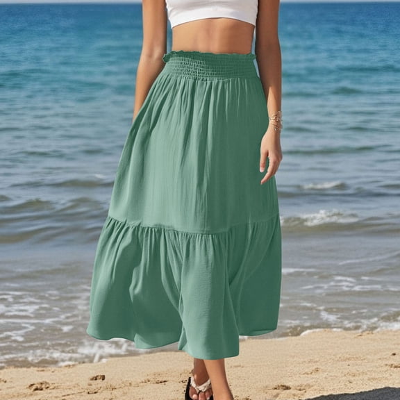 Women Skirt Fashion Women‘s Solid Color Casual Elasticity High Waist Tiered Skirts Midi Skirts for Women Green XL