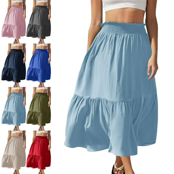 Women Skirt Fashion Women‘s Solid Color Casual Elasticity High Waist Tiered Skirts Skirt for Women Light Blue S