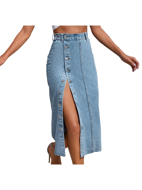 Women Skirt High Waisted Denim Irregular Split Polyester Casual Party Daily Wear
