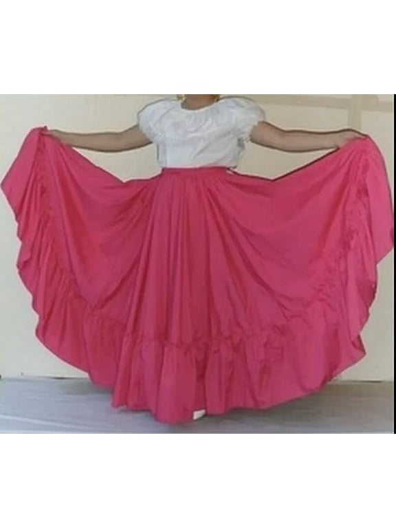 Women Skirt Practice Folklorico Mexican Flamenco Falda Doble Vuelo Mexico 30" Length Pink