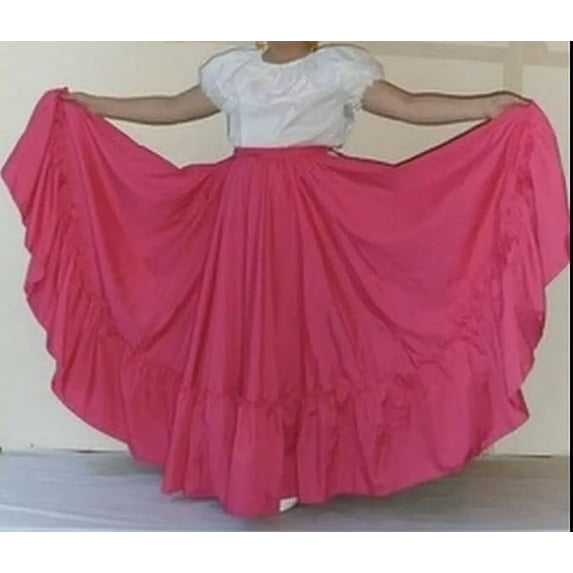 Women Skirt Practice Folklorico Mexican Flamenco Falda Doble Vuelo Mexico 38" Length Pink