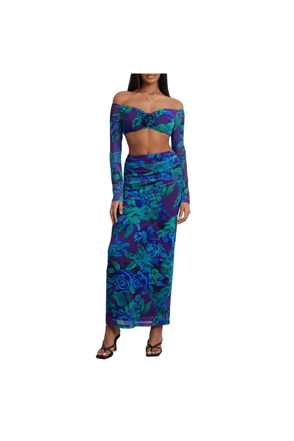 Women Skirt Set, Flower Print Long Sleeve Off-shoulder Crop Top with High Waist Long Skirt Fall Outfit