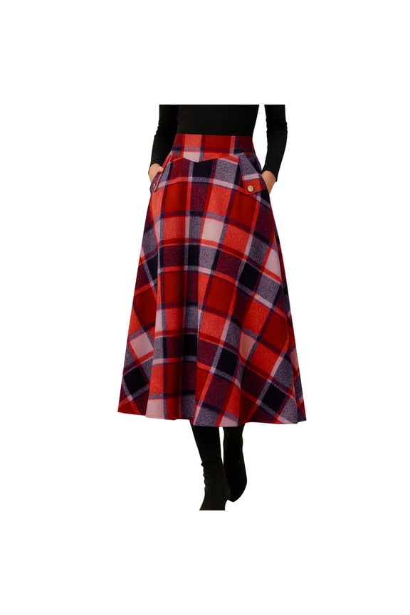 Women Skirt, Women's High Waisted Plaid A-line Half Body Large Skirt with Pocket, Flowy and Comfortable for Casual, Party, and Daily Wear