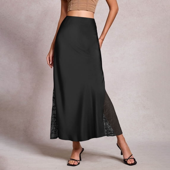 Women Skirt Womens Elegant Satin Maxi Skirt Lace Patchwork High Waist A-Line Flare Work Skirts for Evening Wear Black L