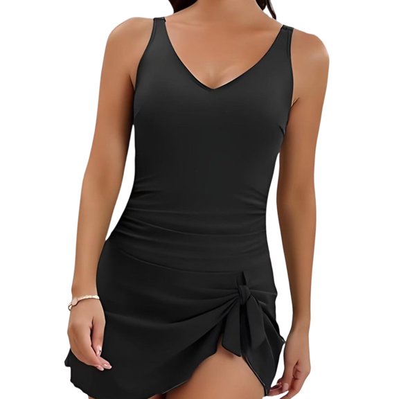 Women Skirted Piece Swimwears V Neck Swimdress Adjustable Strap Skirted Bathing Suit Ladies Ruched Swimdress with Briefs