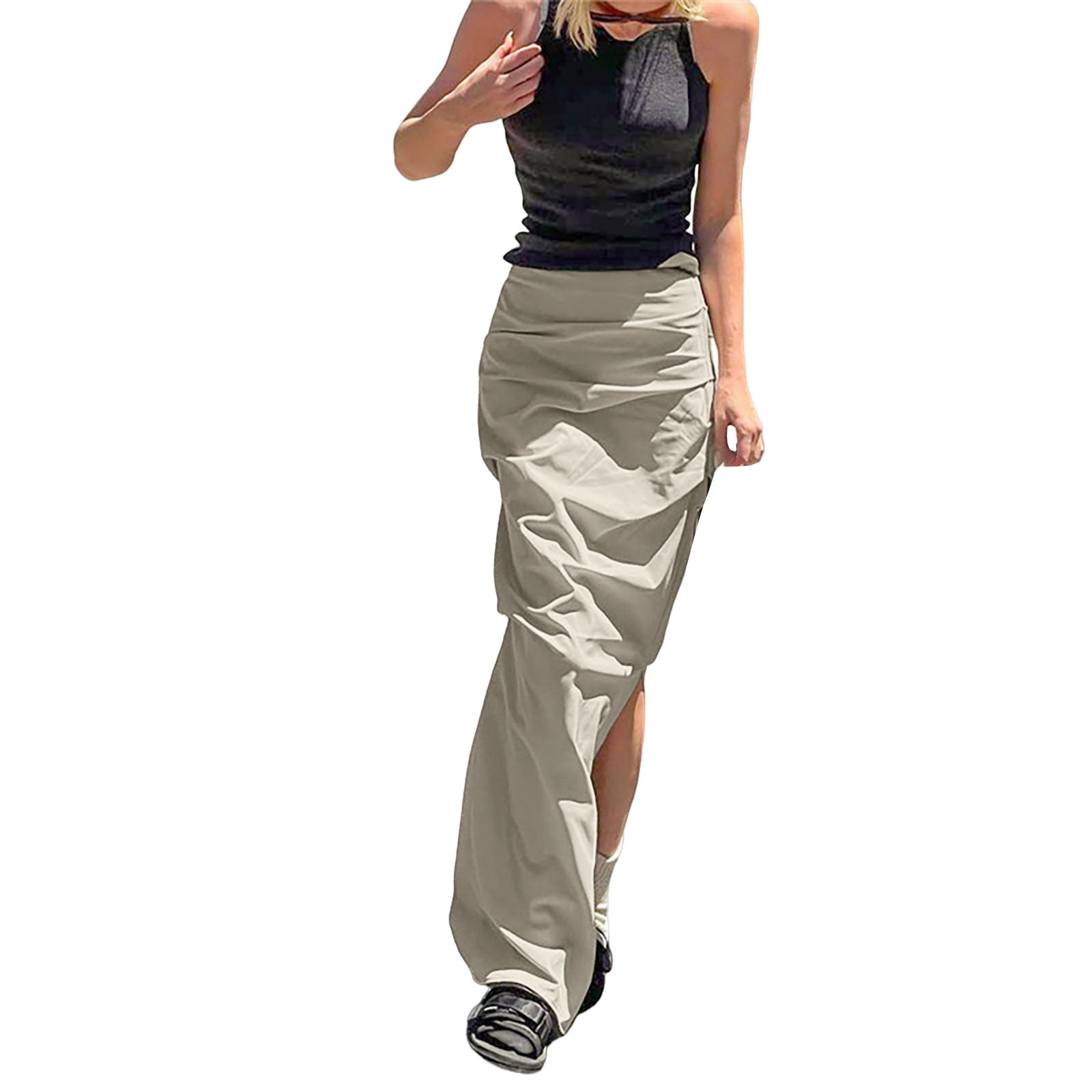 Women Skirts Fashion Printed Skirt Pocket Elastic Waist Fold Long Slim ...